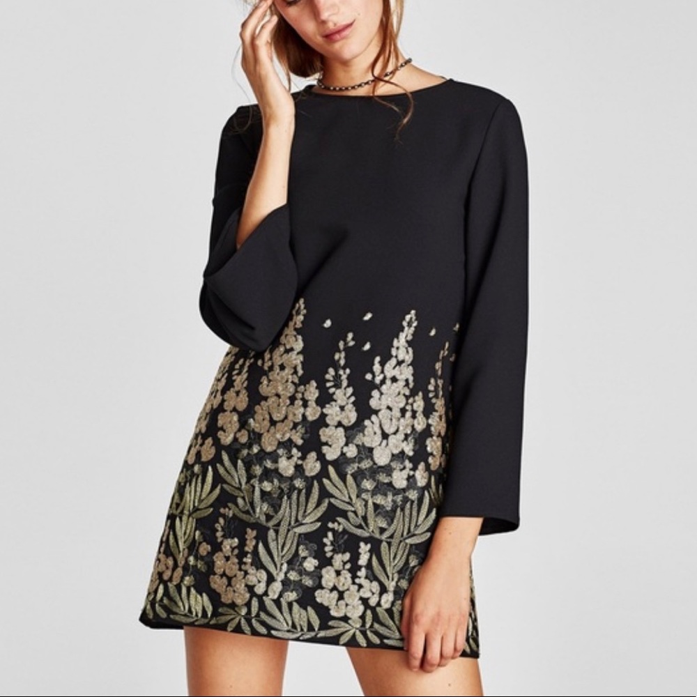 ZARA | BLACK LONG SLEEVE MINI DRESS WITH GOLD EMBELLISHED EMBROIDERY